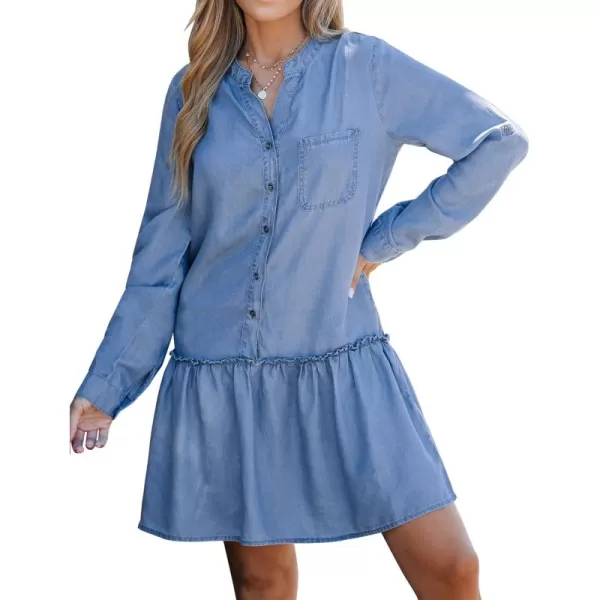 imageluvamia Denim Dress for Women Long Sleeve Shift Button Down Ruffle Jean Dresses Chambray Western Short Dresses PocketsBlue Breeze