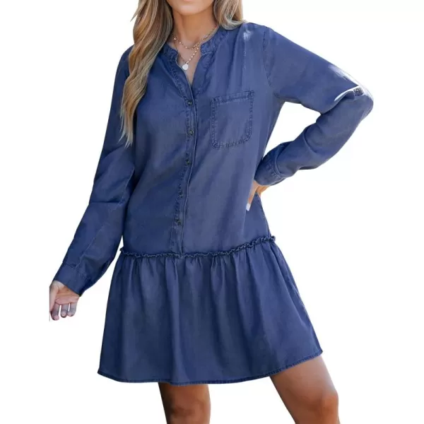 imageluvamia Denim Dress for Women Long Sleeve Shift Button Down Ruffle Jean Dresses Chambray Western Short Dresses PocketsDarkness Blue