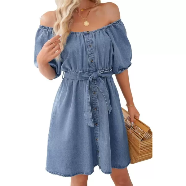 imageluvamia Denim Dress for Women Off The Shoulder Dresses Puff Sleeve Elastic Waist A Line Short Western Jean Dress BeltedCool Blue