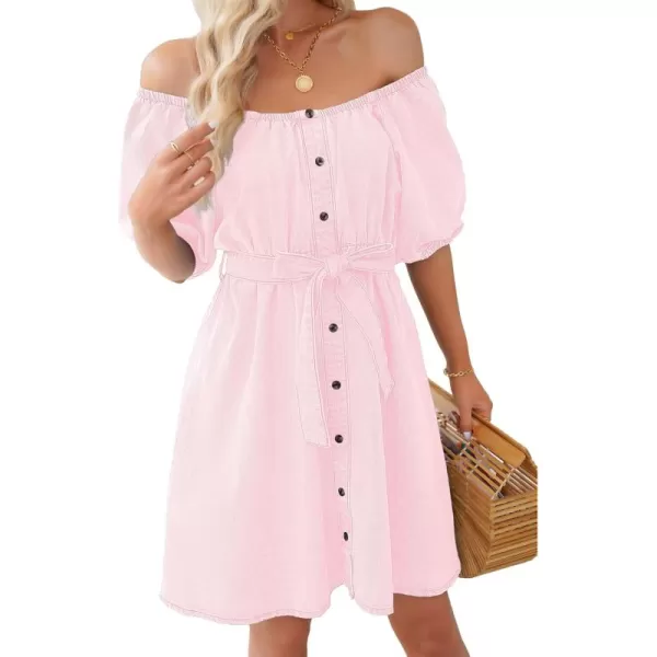 imageluvamia Denim Dress for Women Off The Shoulder Dresses Puff Sleeve Elastic Waist A Line Short Western Jean Dress BeltedHeavenly Pink