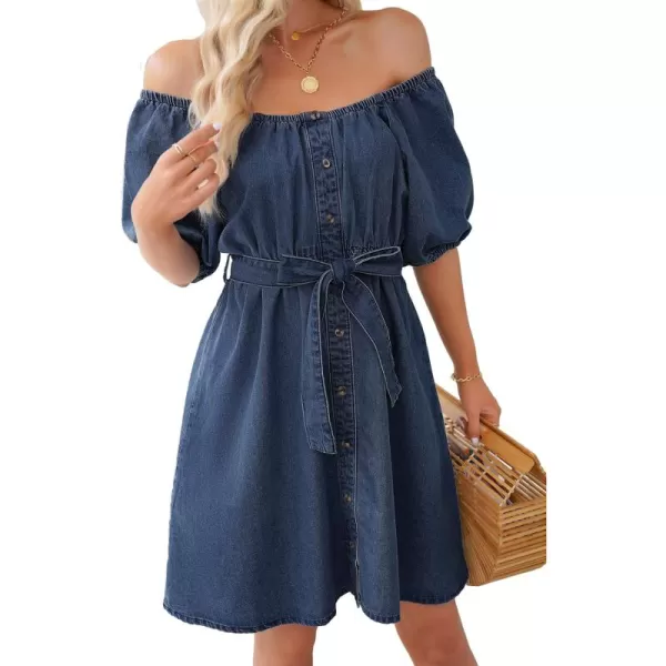 imageluvamia Denim Dress for Women Off The Shoulder Dresses Puff Sleeve Elastic Waist A Line Short Western Jean Dress BeltedLapis Longing