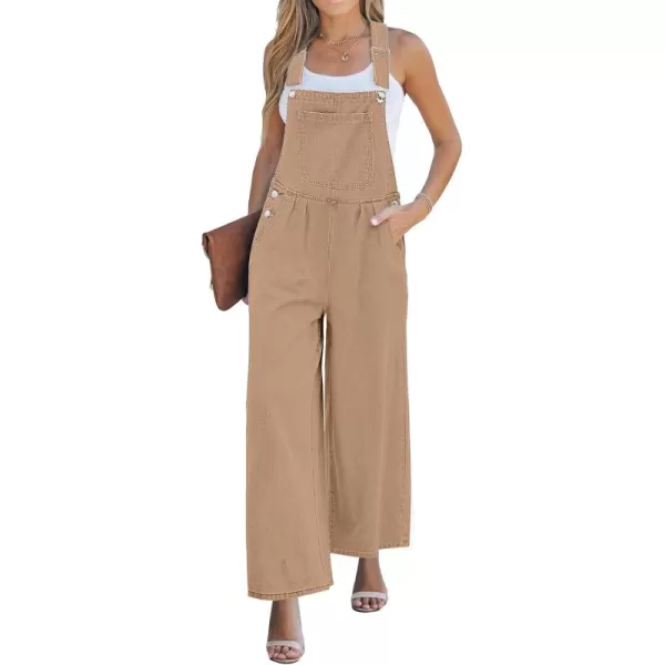 imageluvamia Denim Overalls for Women Wide Leg One Piece Jean Jumpsuits Fashion Baggy Bib Overall Loose Fit Pleated PocketsLatte