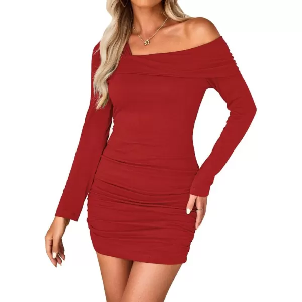 imageluvamia One Shoulder Dresses for Women Bodycon Long Sleeve Ruched Cocktail Party Date Night Short Dress Special OccasionRed