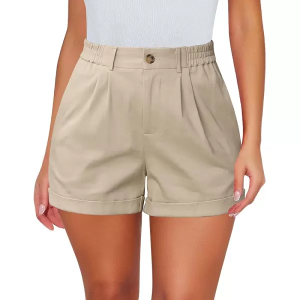 imageluvamia Shorts for Women High Waisted Dressy Casual Cotton Stretch Twill Elastic Wasit Pleated Summer Shorts with PocketBeige