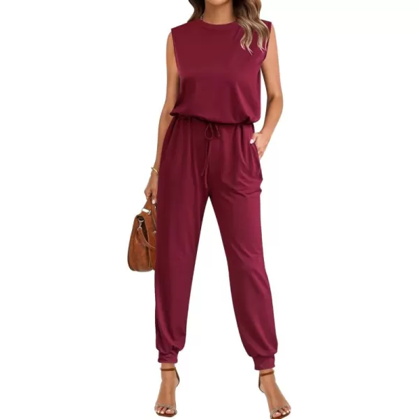 imageluvamia Sleeveless Jumpsuits for Women Drawstring Stretchy Long Rompers with Pockets Loose Comfy Jogger Pants JumpsuitWine Red