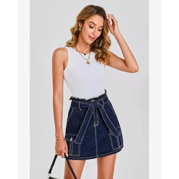 imageluvamia Denim Skorts Skirts for Women High Waisted Jean Shorts with Pockets Casual Cute Summer Belt Paperbag Waist SkortDark Blue