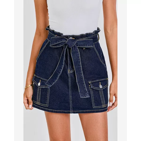 imageluvamia Denim Skorts Skirts for Women High Waisted Jean Shorts with Pockets Casual Cute Summer Belt Paperbag Waist SkortDark Blue