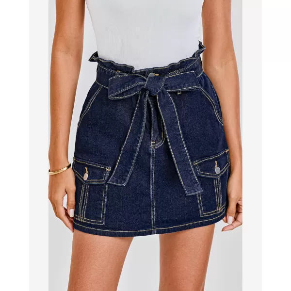 imageluvamia Denim Skorts Skirts for Women High Waisted Jean Shorts with Pockets Casual Cute Summer Belt Paperbag Waist SkortDark Blue