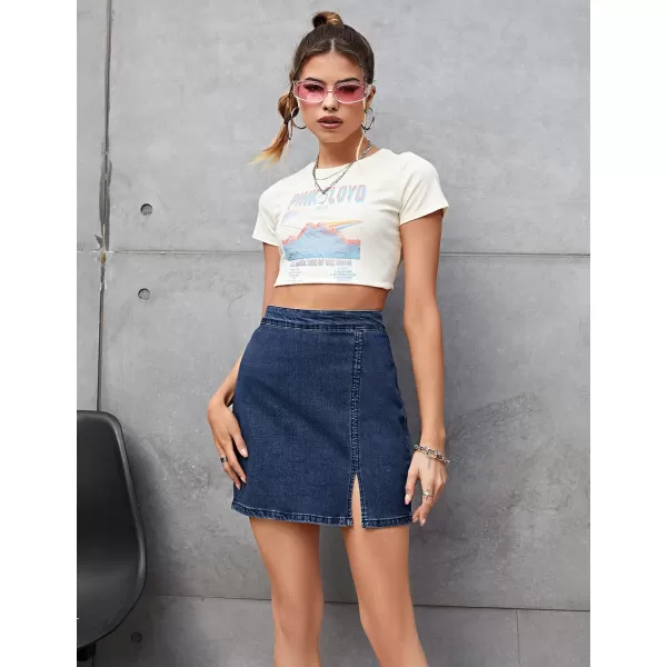 imageluvamia Jean Skirt for Women with Slit High Wasited Bodycon Stretch Pencil Mini Short Denim SkirtsDarkness Blue