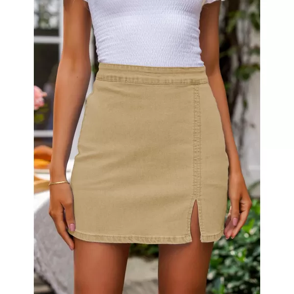 imageluvamia Jean Skirt for Women with Slit High Wasited Bodycon Stretch Pencil Mini Short Denim SkirtsLight Khaki