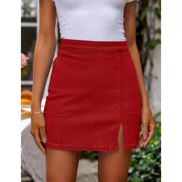 imageluvamia Jean Skirt for Women with Slit High Wasited Bodycon Stretch Pencil Mini Short Denim SkirtsRed