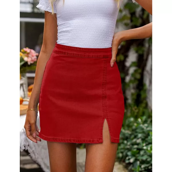 imageluvamia Jean Skirt for Women with Slit High Wasited Bodycon Stretch Pencil Mini Short Denim SkirtsRed