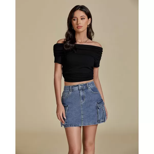 imageluvamia Jean Skirts for Women Denim Stretchy Cargo High Waisted Trendy Y2K Mini Skirt with Utility PocketsBlue Tides