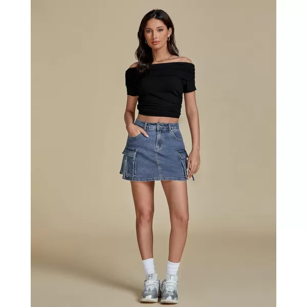 imageluvamia Jean Skirts for Women Denim Stretchy Cargo High Waisted Trendy Y2K Mini Skirt with Utility PocketsBlue Tides