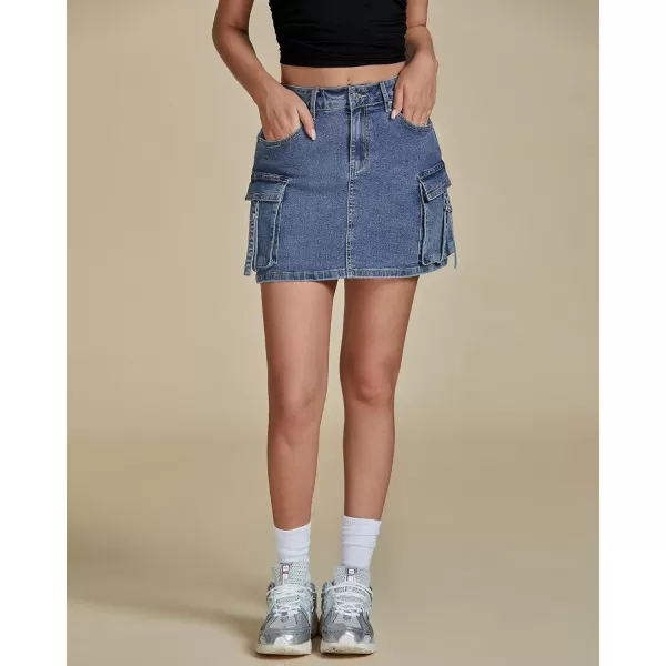 imageluvamia Jean Skirts for Women Denim Stretchy Cargo High Waisted Trendy Y2K Mini Skirt with Utility PocketsBlue Tides