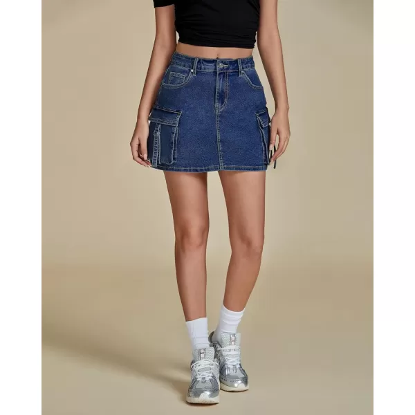 imageluvamia Jean Skirts for Women Denim Stretchy Cargo High Waisted Trendy Y2K Mini Skirt with Utility PocketsClassic Blue