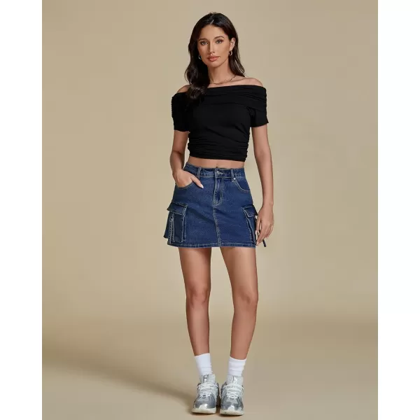 imageluvamia Jean Skirts for Women Denim Stretchy Cargo High Waisted Trendy Y2K Mini Skirt with Utility PocketsClassic Blue