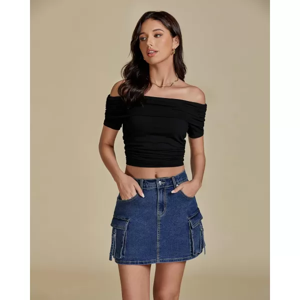 imageluvamia Jean Skirts for Women Denim Stretchy Cargo High Waisted Trendy Y2K Mini Skirt with Utility PocketsClassic Blue