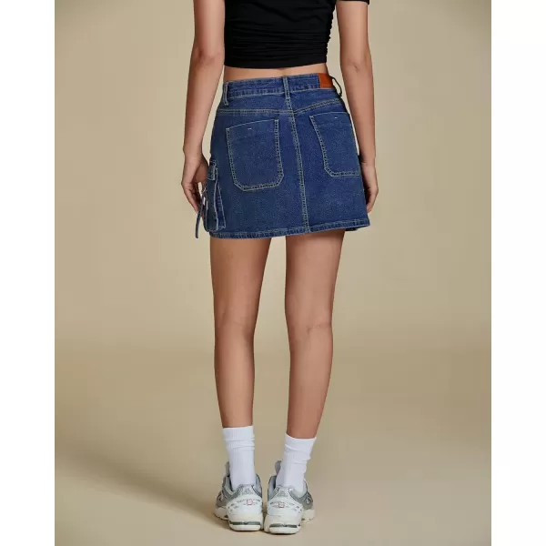 imageluvamia Jean Skirts for Women Denim Stretchy Cargo High Waisted Trendy Y2K Mini Skirt with Utility PocketsClassic Blue