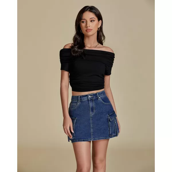 imageluvamia Jean Skirts for Women Denim Stretchy Cargo High Waisted Trendy Y2K Mini Skirt with Utility PocketsClassic Blue