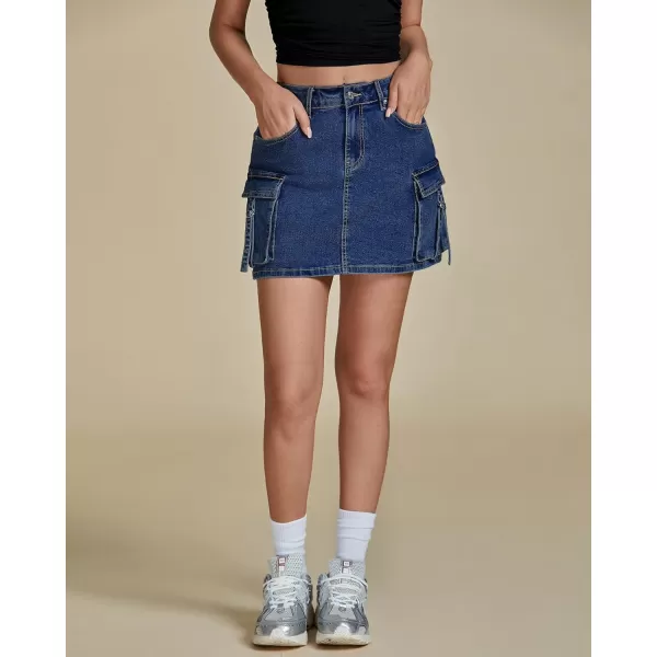 imageluvamia Jean Skirts for Women Denim Stretchy Cargo High Waisted Trendy Y2K Mini Skirt with Utility PocketsClassic Blue