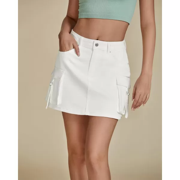 imageluvamia Jean Skirts for Women Denim Stretchy Cargo High Waisted Trendy Y2K Mini Skirt with Utility PocketsCream White