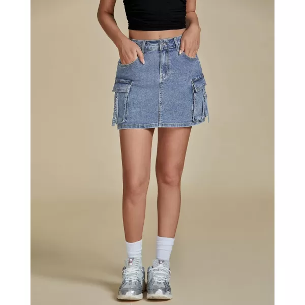 imageluvamia Jean Skirts for Women Denim Stretchy Cargo High Waisted Trendy Y2K Mini Skirt with Utility PocketsDaylight Blue