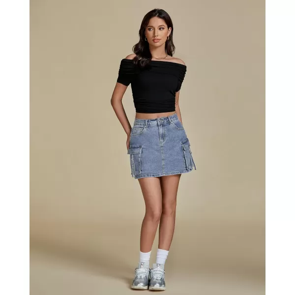 imageluvamia Jean Skirts for Women Denim Stretchy Cargo High Waisted Trendy Y2K Mini Skirt with Utility PocketsDaylight Blue