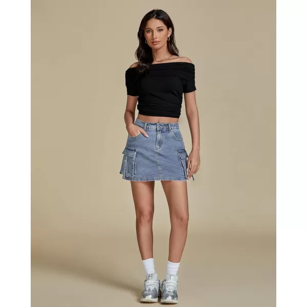 imageluvamia Jean Skirts for Women Denim Stretchy Cargo High Waisted Trendy Y2K Mini Skirt with Utility PocketsDaylight Blue