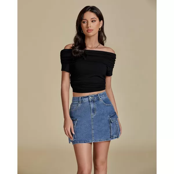 imageluvamia Jean Skirts for Women Denim Stretchy Cargo High Waisted Trendy Y2K Mini Skirt with Utility PocketsMedium Blue