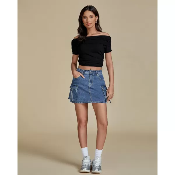 imageluvamia Jean Skirts for Women Denim Stretchy Cargo High Waisted Trendy Y2K Mini Skirt with Utility PocketsMedium Blue