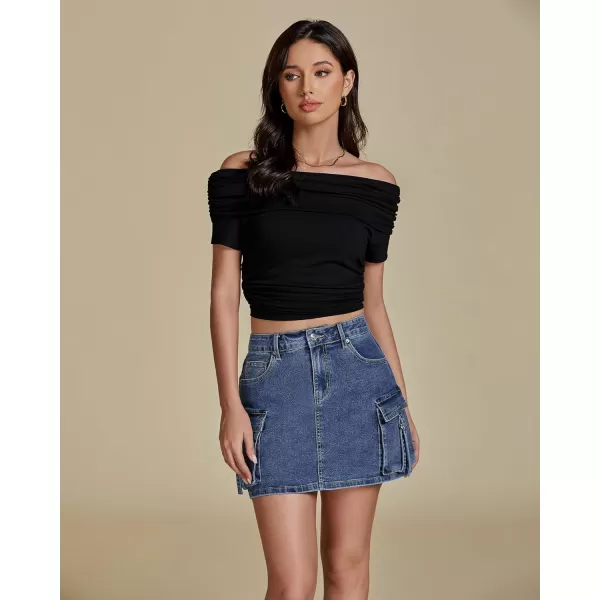 imageluvamia Jean Skirts for Women Denim Stretchy Cargo High Waisted Trendy Y2K Mini Skirt with Utility PocketsReef Blue