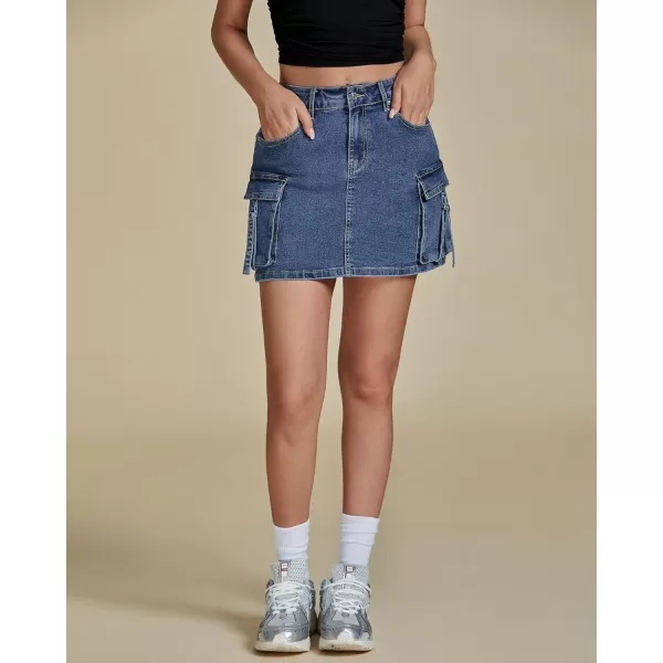 imageluvamia Jean Skirts for Women Denim Stretchy Cargo High Waisted Trendy Y2K Mini Skirt with Utility PocketsReef Blue