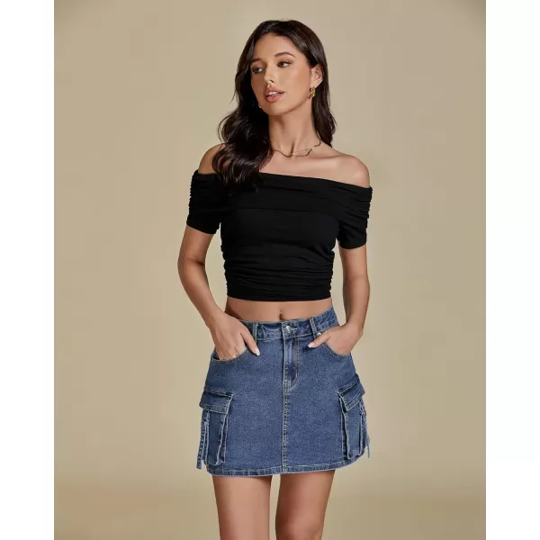 imageluvamia Jean Skirts for Women Denim Stretchy Cargo High Waisted Trendy Y2K Mini Skirt with Utility PocketsReef Blue