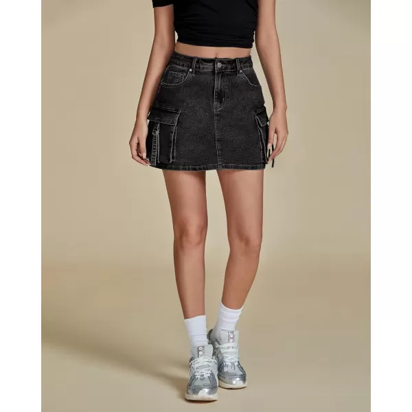 imageluvamia Jean Skirts for Women Denim Stretchy Cargo High Waisted Trendy Y2K Mini Skirt with Utility PocketsWashed Black