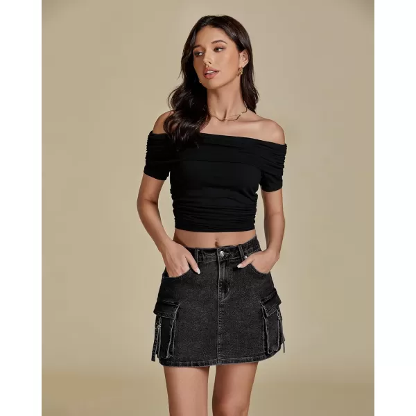 imageluvamia Jean Skirts for Women Denim Stretchy Cargo High Waisted Trendy Y2K Mini Skirt with Utility PocketsWashed Black