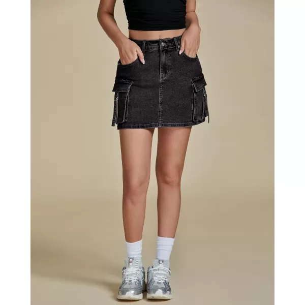 imageluvamia Jean Skirts for Women Denim Stretchy Cargo High Waisted Trendy Y2K Mini Skirt with Utility PocketsWashed Black