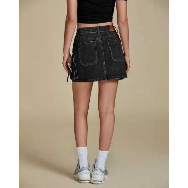 imageluvamia Jean Skirts for Women Denim Stretchy Cargo High Waisted Trendy Y2K Mini Skirt with Utility PocketsWashed Black