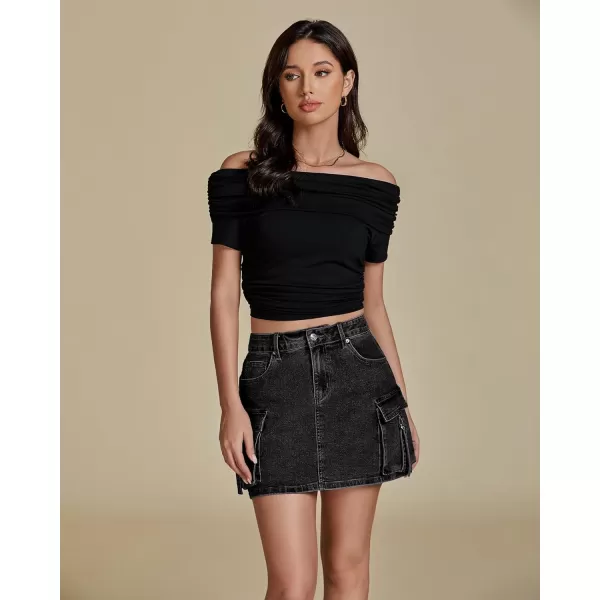 imageluvamia Jean Skirts for Women Denim Stretchy Cargo High Waisted Trendy Y2K Mini Skirt with Utility PocketsWashed Black