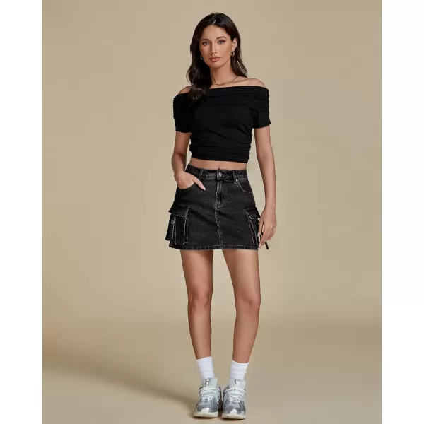 imageluvamia Jean Skirts for Women Denim Stretchy Cargo High Waisted Trendy Y2K Mini Skirt with Utility PocketsWashed Black