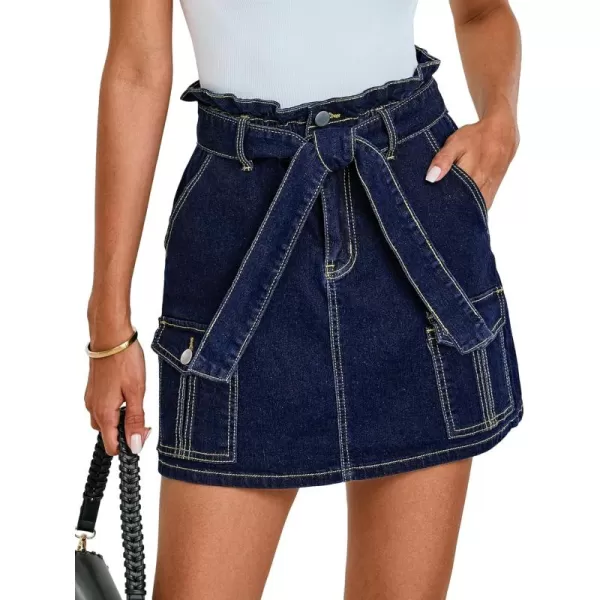 imageluvamia Denim Skorts Skirts for Women High Waisted Jean Shorts with Pockets Casual Cute Summer Belt Paperbag Waist SkortDark Blue