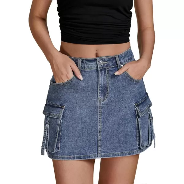 imageluvamia Jean Skirts for Women Denim Stretchy Cargo High Waisted Trendy Y2K Mini Skirt with Utility PocketsBlue Tides