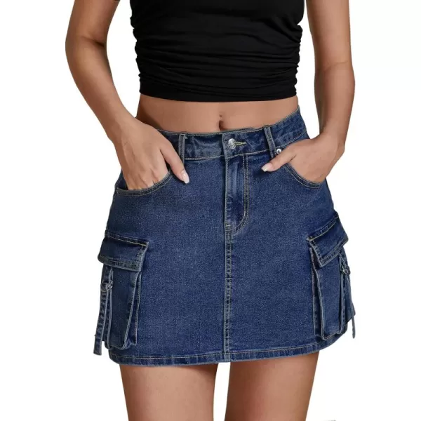 imageluvamia Jean Skirts for Women Denim Stretchy Cargo High Waisted Trendy Y2K Mini Skirt with Utility PocketsClassic Blue