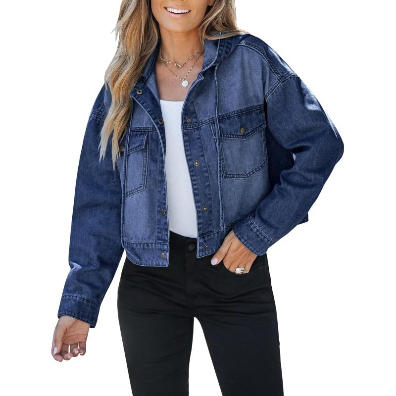 imageluvamia Denim Jacket for Women Hooded Lightweight Cropped Jean Jacket Oversized Button Down Shacket Trendy FashionDarkness Blue