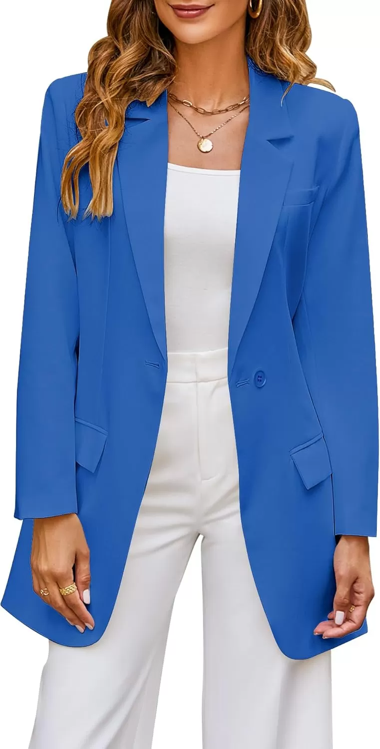 imageluvamia 2023 Blazers for Women Business Casual Outfits Fashion Dressy Long Suit Jacket Office Belted Blazer Dress WorkBrilliant Blue