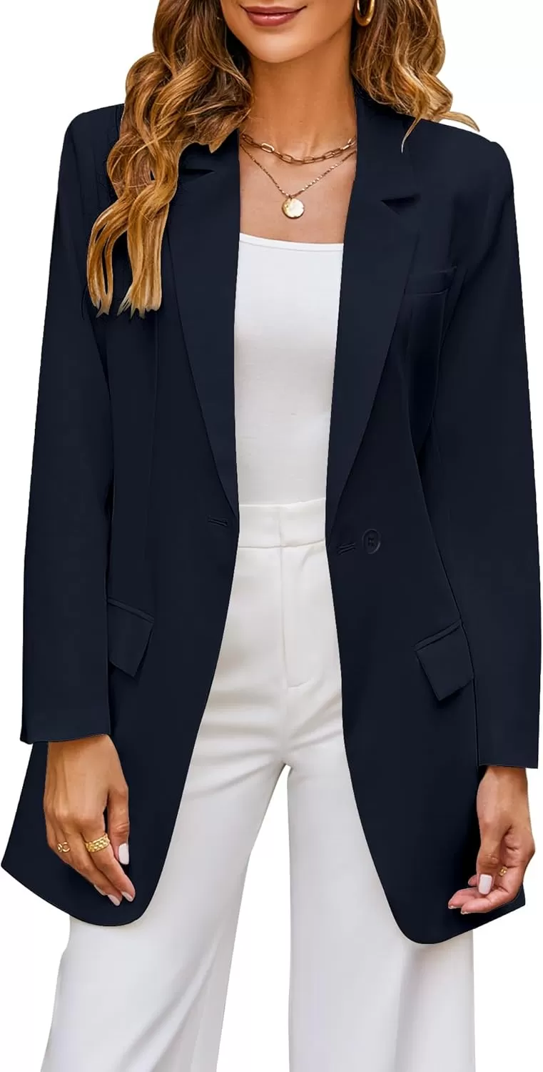 imageluvamia 2023 Blazers for Women Business Casual Outfits Fashion Dressy Long Suit Jacket Office Belted Blazer Dress WorkNavy Blue