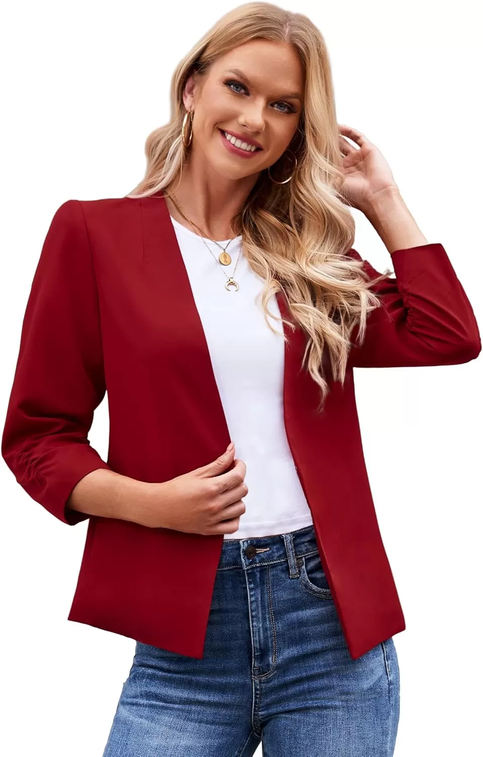 imageluvamia Blazers for Women 34 Sleeve Dressy Business Work Casual Suit Blazer Jackets Open Front CardiganHaute Red