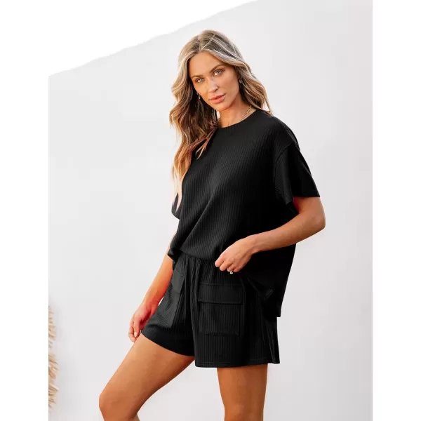 imageluvamia Lounge Sets for Women 2 Piece Casual Summer Outfit Knitted Tops Matching Shorts with Pockets Comfy Co Ord SetsBlack