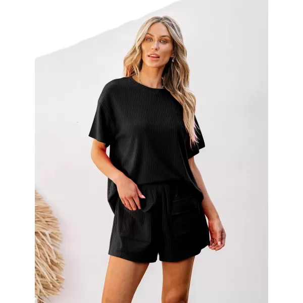 imageluvamia Lounge Sets for Women 2 Piece Casual Summer Outfit Knitted Tops Matching Shorts with Pockets Comfy Co Ord SetsBlack