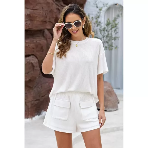 imageluvamia Lounge Sets for Women 2 Piece Casual Summer Outfit Knitted Tops Matching Shorts with Pockets Comfy Co Ord SetsCream White